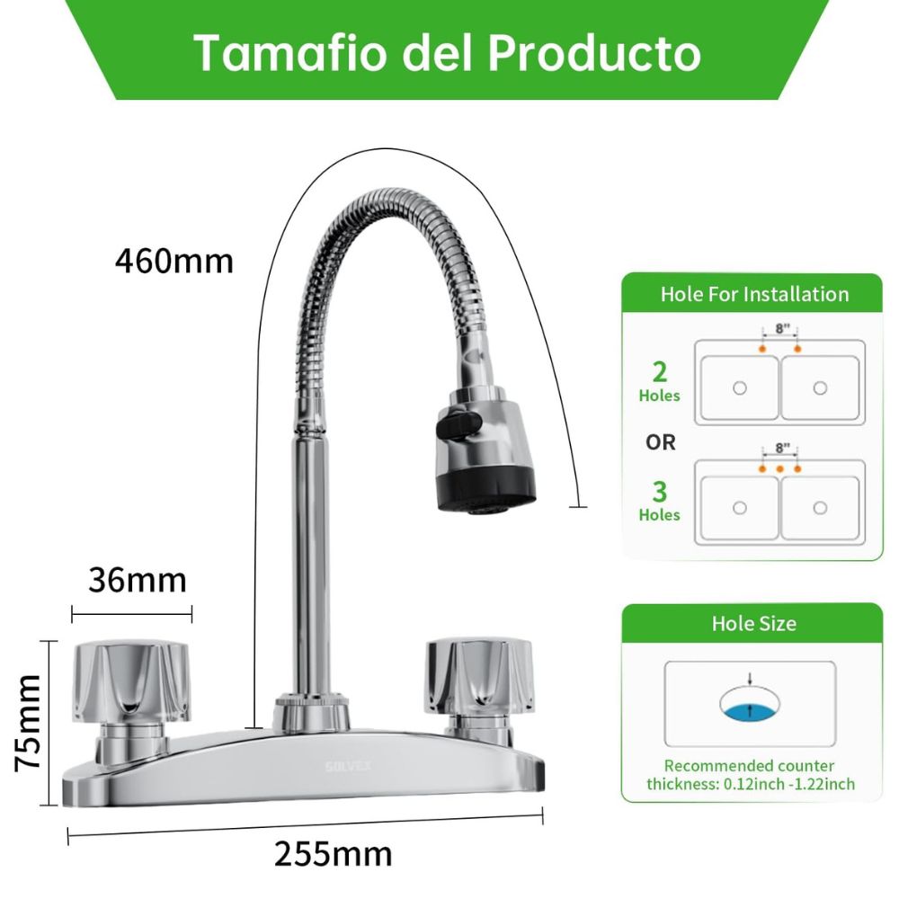 Solvex Smart Grifo Cromado Para Fregadero De Acero Inoxidable Cuello Flexible De 8" 2 Funciones