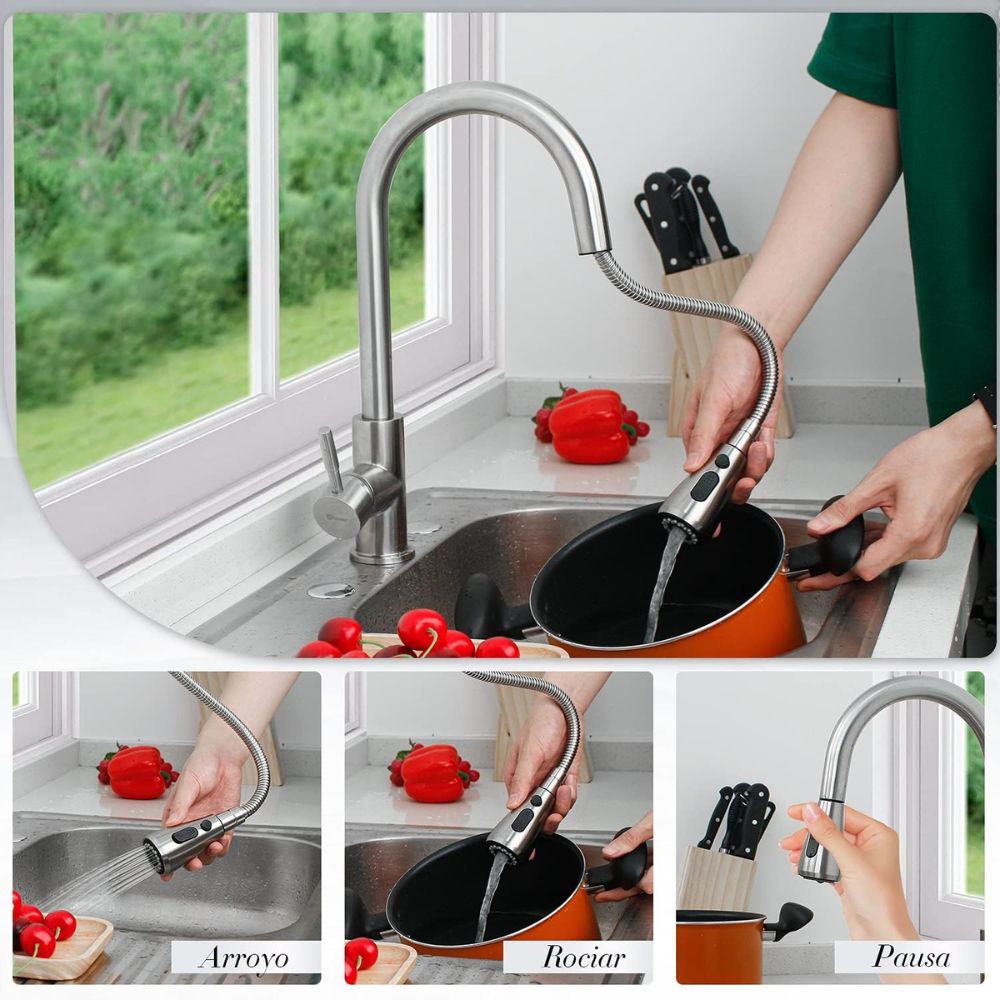 Solvex Smart Grifería Satinada Monomando Para Fregadero Cuello Cisne Nariz Retráctil  2 Funciones Con Manguera Extensible De 1,5m