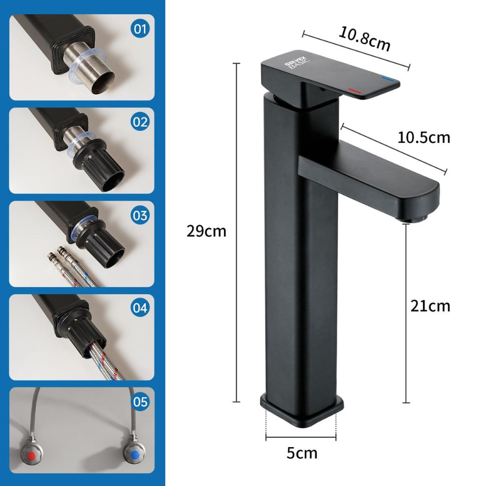 Solvex Basic Grifería Negra Cuadrada Monomando De Acero Inoxidable Para Lavamanos Mango De Zinc 29cm