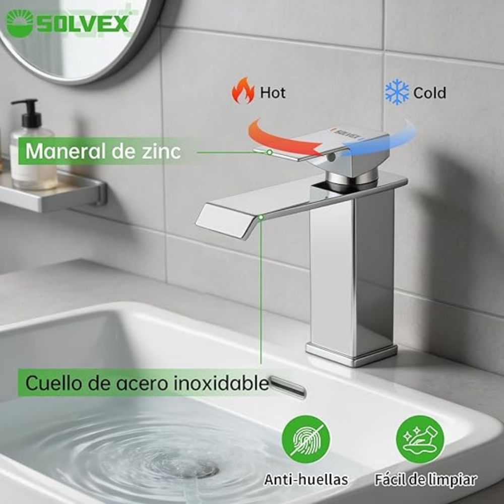 Solvex Smart Grifo Cromado Monomando Para Lavamanos Con Diseño Contemporáneo Y Líneas Rectas