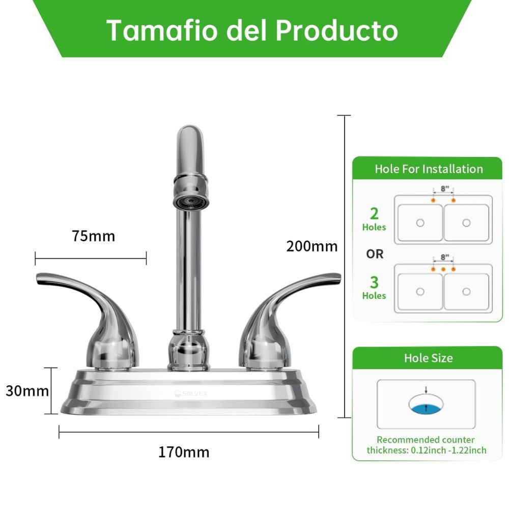 Solvex Grifo Cromado Para Lavamanos De Latón De 4" Manijas Cilíndricas 1/4 De Vuelta De Zinc