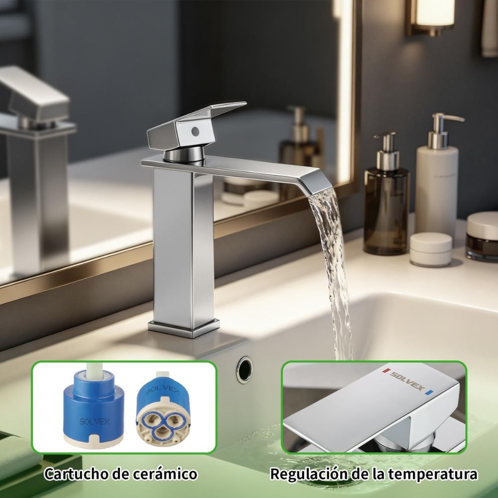 Solvex Smart Grifo Cromado Monomando Para Lavamanos Con Diseño Contemporáneo Y Líneas Rectas