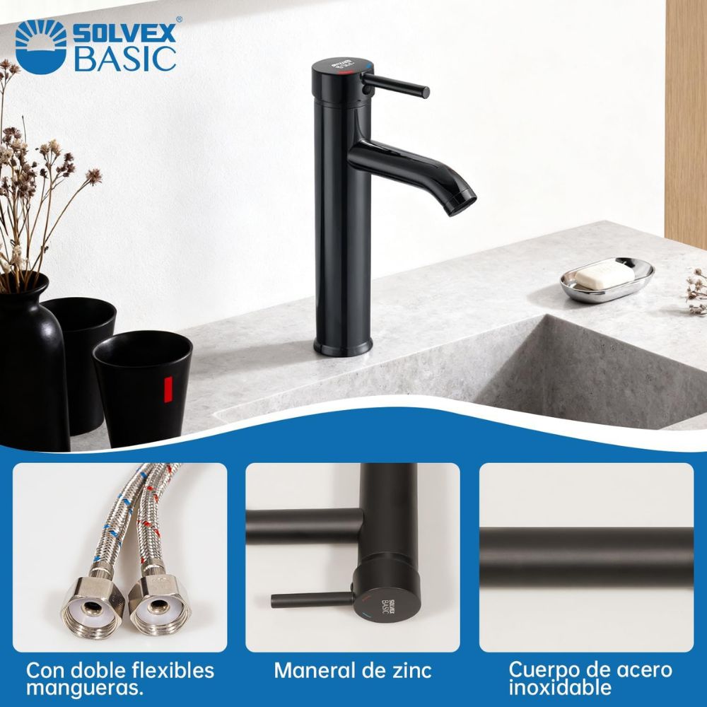 Solvex Basic Grifería Negra Monomando De Acero Inoxidable Para Lavamanos Mango Tipo Palanca De Zinc 29Cm