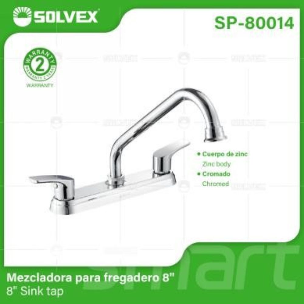 Solvex Smart Grifo Cromado Para Fregadero De Zinc De 8" Cuello Cuadrado Manijas 1/4 De Vuelta De Plástico