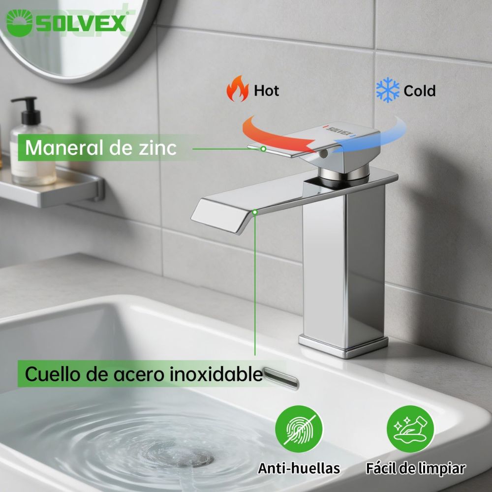 Solvex Smart Grifo Satinado Monomando Para Lavamanos Con Diseño Contemporáneo Y Líneas Rectas