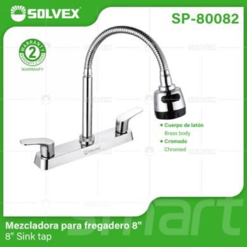 Solvex Grifo Cromado Para Fregadero De Latón De 8" Cuello Flexible 2 Funciones Manijas Estilo Palanca 1/4 De Vuelta De Zinc