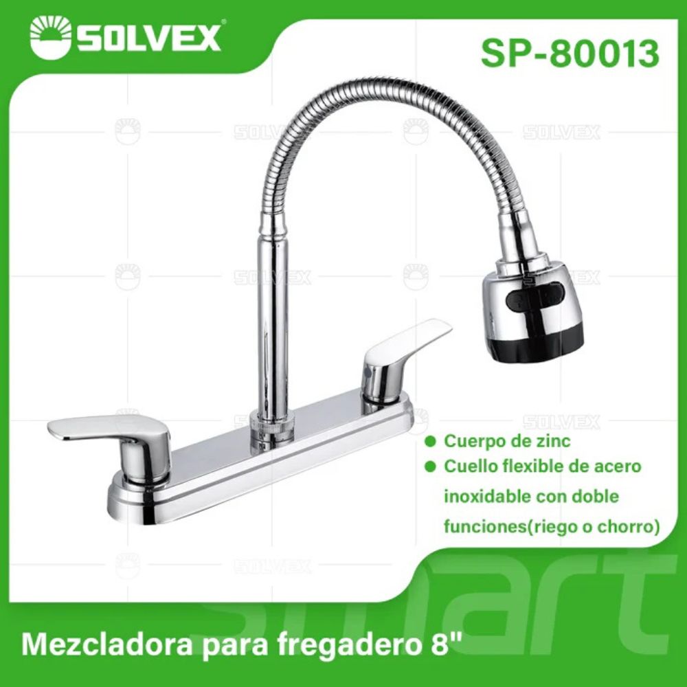 Solvex Smart Grifo Cromado Para Fregadero De Latón De 8" Cuello Flexible 2 Funciones Manijas 1/4 De Vuelta De Plástico