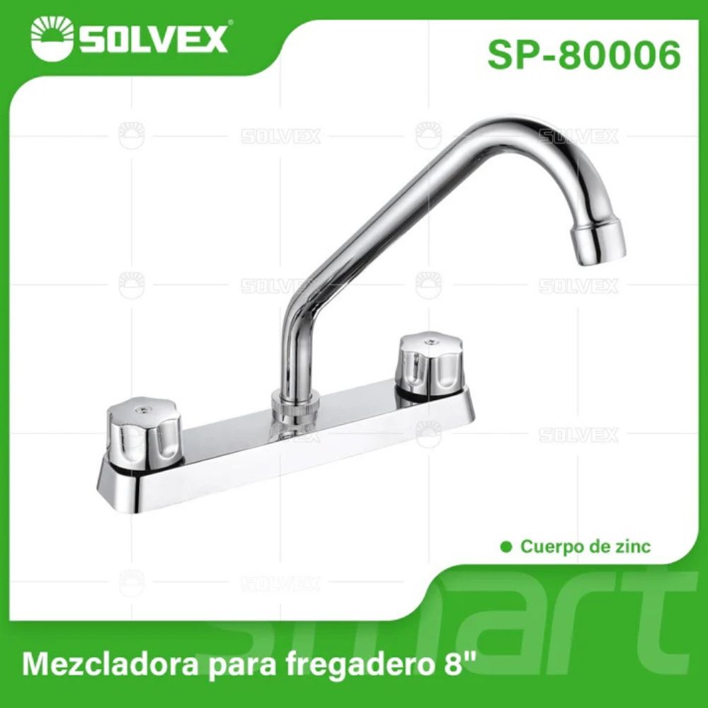 Solvex Smart Grifo Cromado Para Fregadero De Zinc Cuello Cuadrado De 8"  Manijas Ergonómicas Giro Completo De Plástico