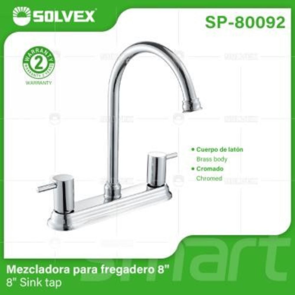 Solvex Smart Grifo Cromado Para Fregadero De Latón De 8" Cuello Cisne Manijas Palanca 1/4 De Vuelta De Zinc