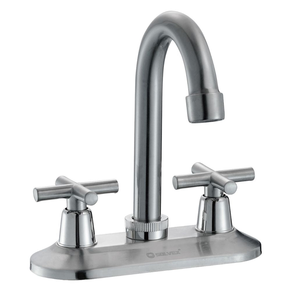Solvex Smart Grifo Satinado Para Lavamanos Cuello Cisne De 4" Manillas Zinc De Giro Completo