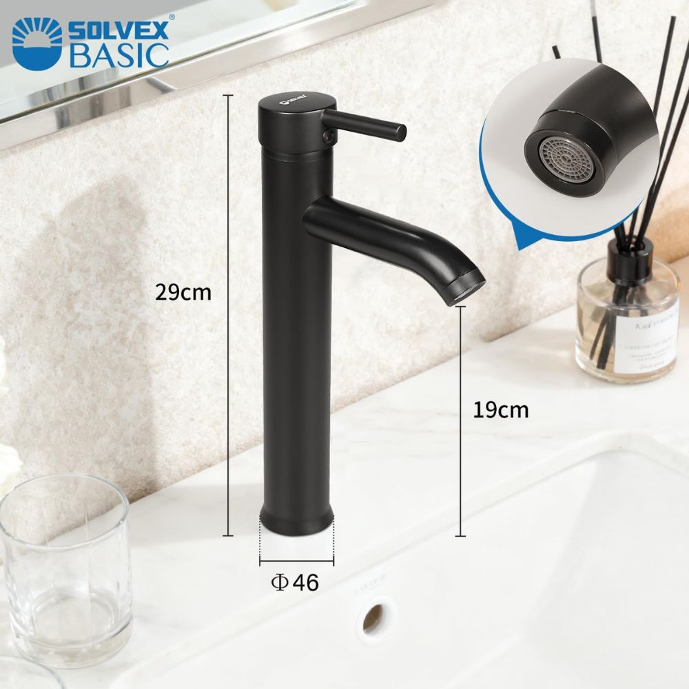 Solvex Basic Grifería Negra Monomando De Acero Inoxidable Para Lavamanos Mango Tipo Palanca De Zinc 29Cm