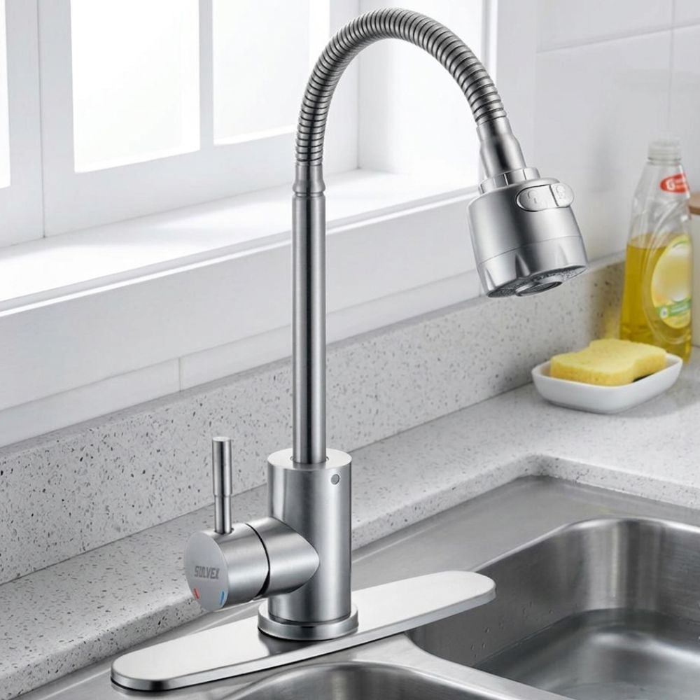 Solvex Smart Grifería Satinada Monomando Para Fregadero Con Flange Acero Inoxidable De 10" Y Cuello Flexible 2 Funciones