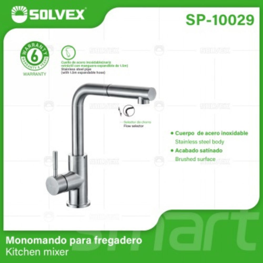 Solvex Smart Grifería Satinada Monomando Para Fregadero Cuello Recto Nariz Retráctil Con Manguera Extensible de 1,5m
