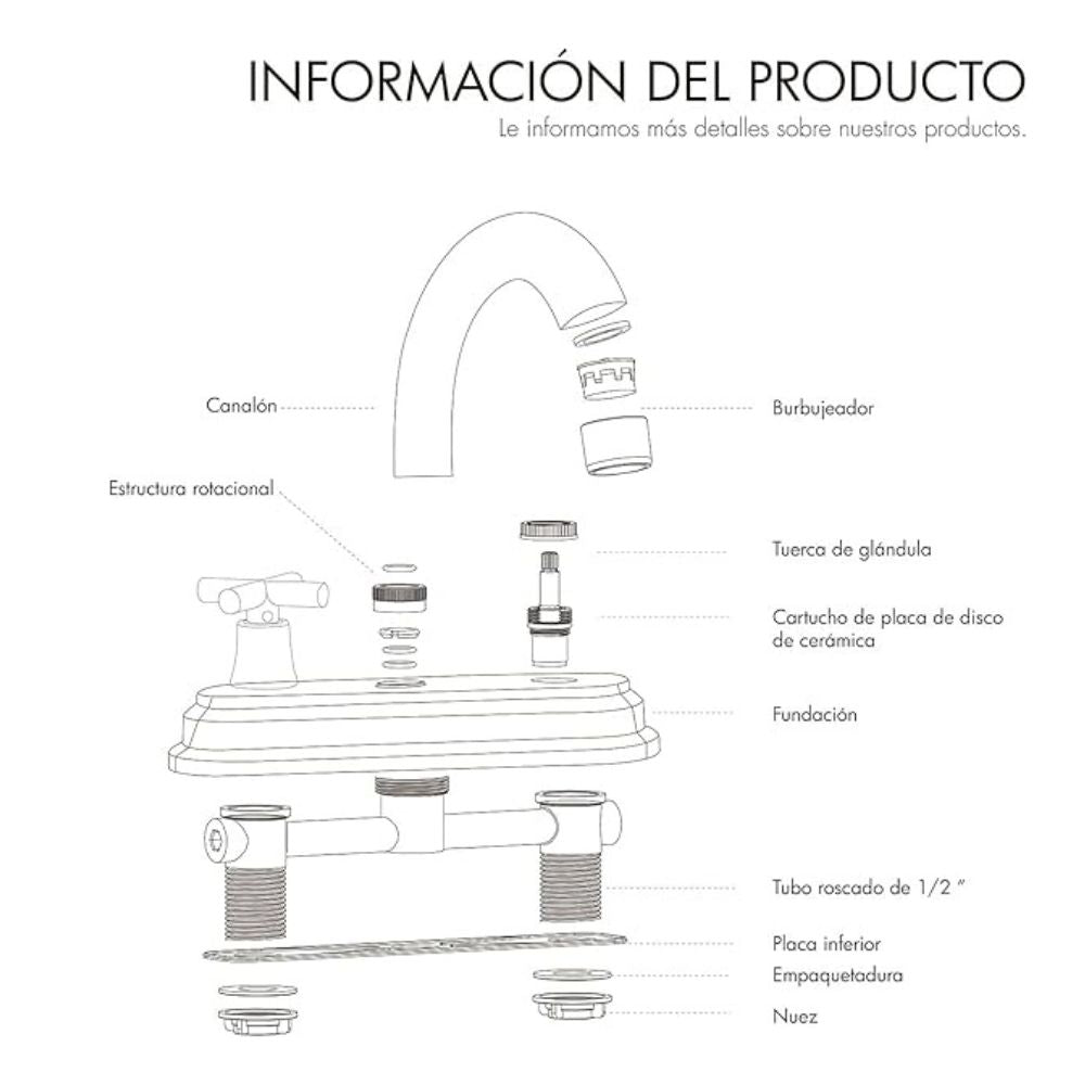 Solvex Grifo Cromado Para Lavamanos De Latón De 4" Manijas Cruz Giro Completo De Zinc