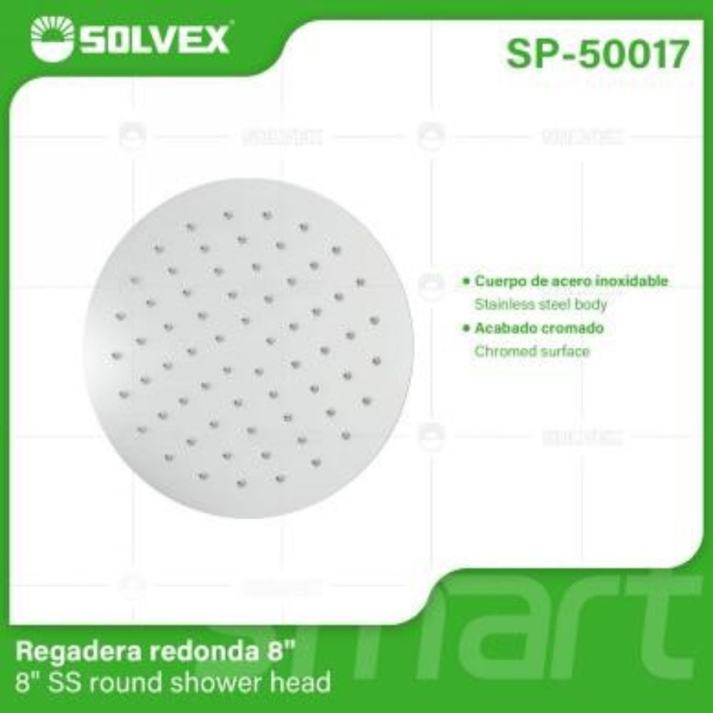 Solvex Regadera Cromada De Acero Inoxidable Redonda 8"(No incluye brazo ni roseta)