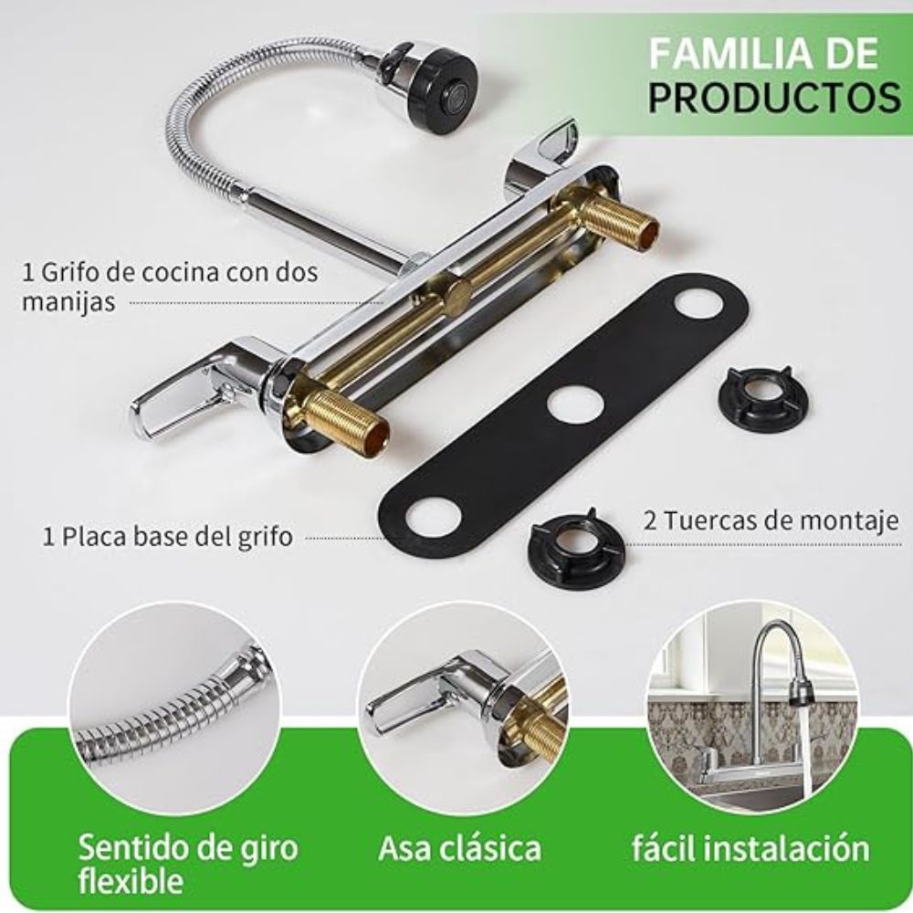 Solvex Smart Grifo Cromado Para Fregadero De Latón De 8" Cuello Flexible 2 Funciones Manijas 1/4 De Vuelta De Plástico
