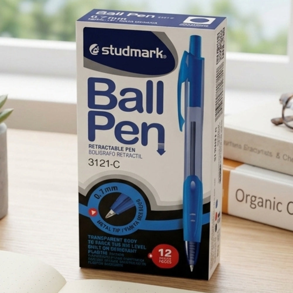 Studmark Bolígrafo Retráctil Azul Cuerpo Transparente 12Und