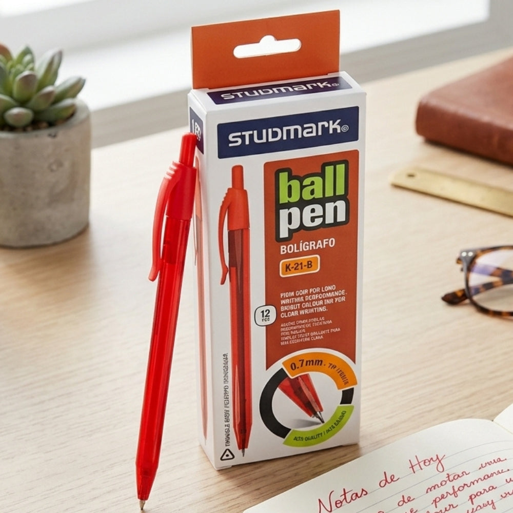 Studmark Bolígrafo Retráctil Rojo Cuerpo Triangular 12Und