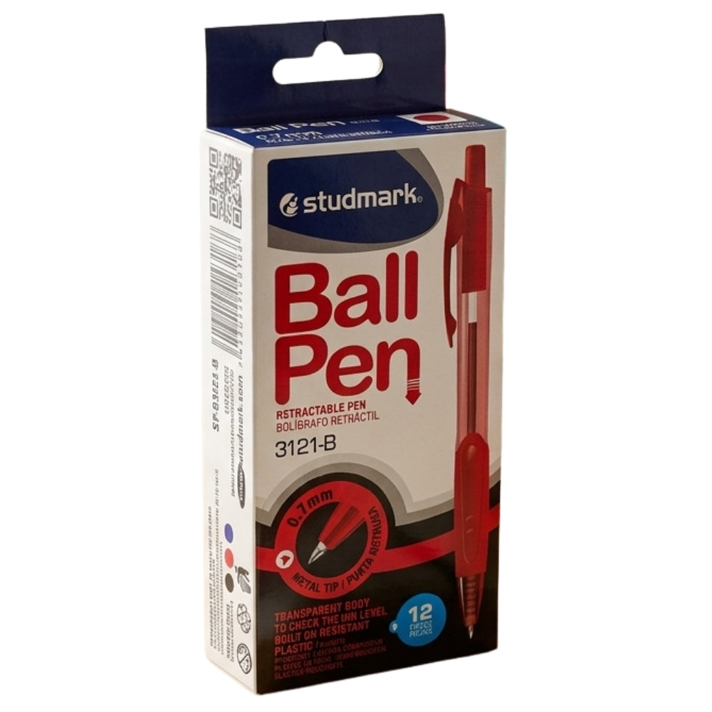 Studmark Bolígrafo Retráctil Rojo Cuerpo Transparente 12Und