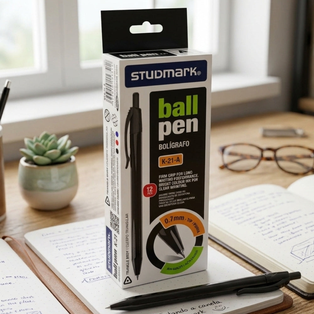 Studmark Bolígrafo Retráctil Negro Punta De Plata Alemana 12Und