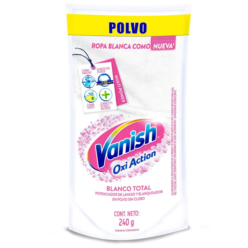 Vanish Blanco Total Potenciador De Lavado Y Blanqueador En Polvo Sin Cloro 240gr