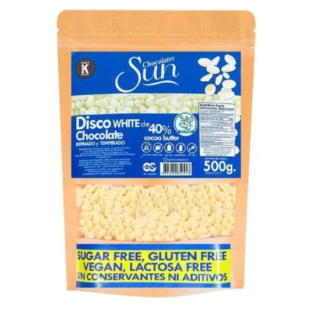 Sun Discos De Chocolate Blanco Vegan Endulzado Con Xilitol 40% Manteca de Cacao 500gr