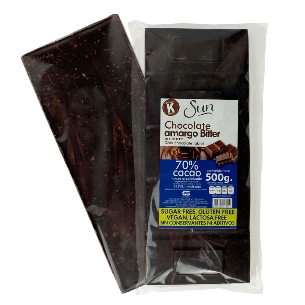 Chocolate Sun Oscuro Bitter En Barra Endulzado Con Xilitol 70% Cacao 500gr