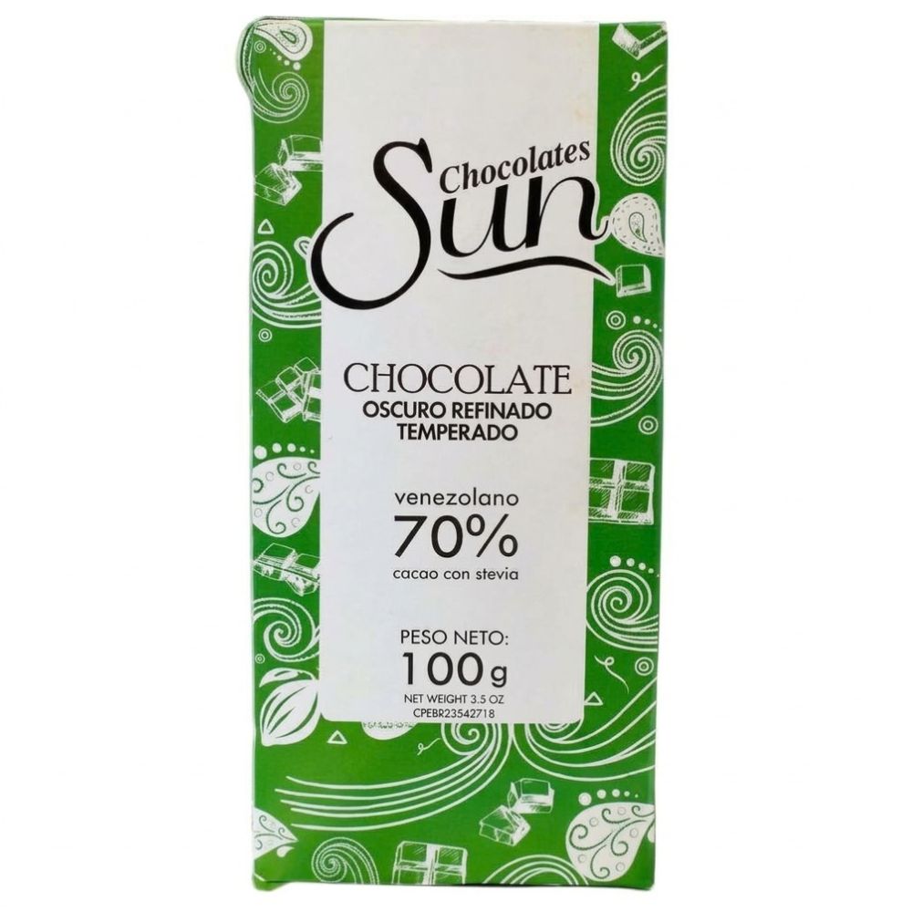 Chocolate Oscuro En Barra Refinado y Temperado Endulzado Con Stevia 70% 100gr